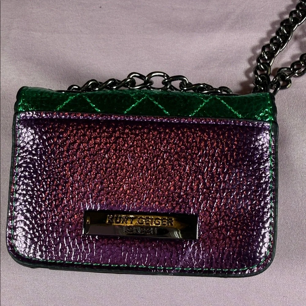 Kurt Geiger Micro Metallic Green and Purple Quilted Chain Shoulder Bag - Picture 2 of 7